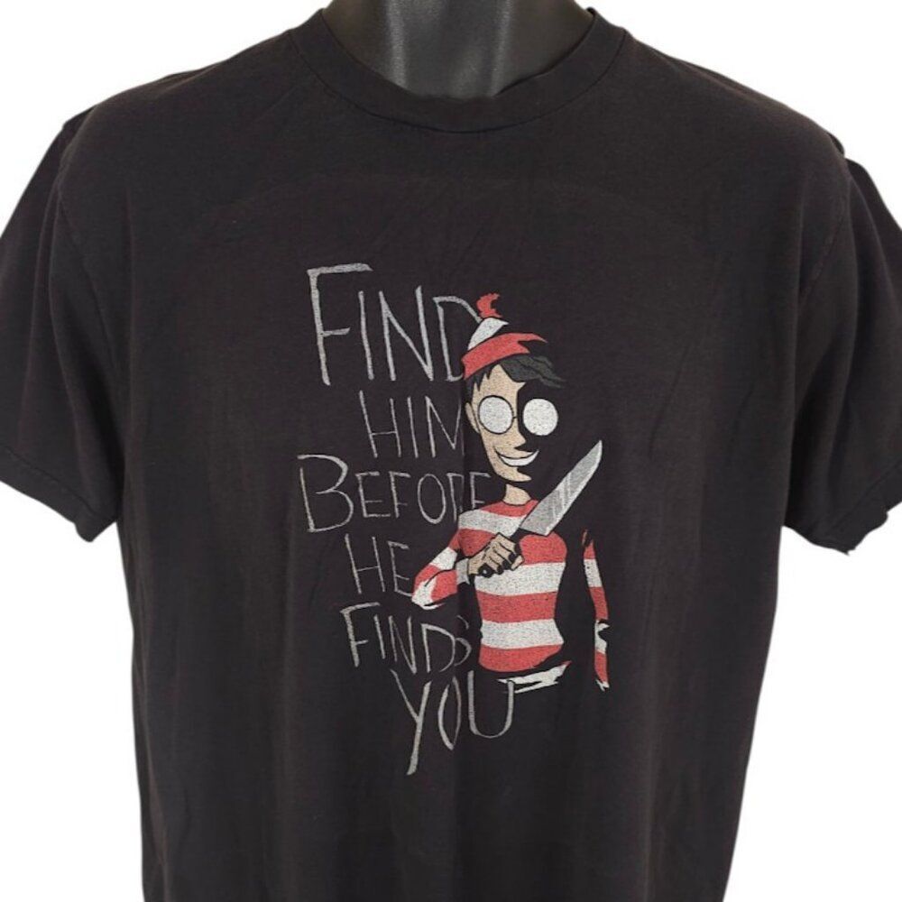 Wheres Waldo T Shirt Mens Size Large Black Find Him Before He Finds You Horror
